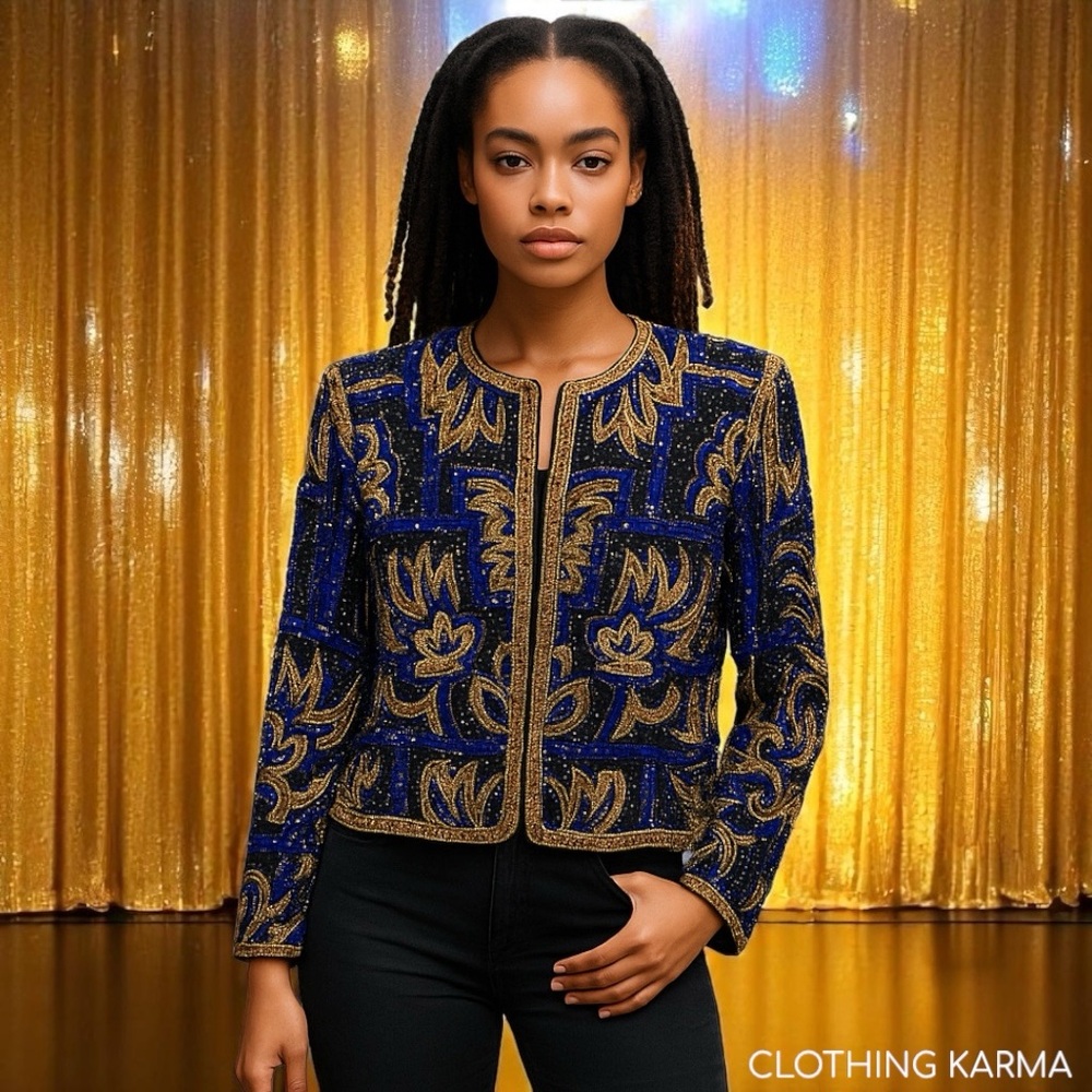 BRILLIANTE Vintage M 80s 90s Full Sequin Beaded 100% Silk Jacket Whitney Vibes!